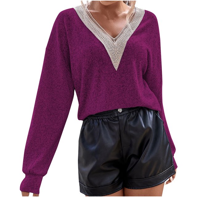 Blusa de manga larga de color sólido a la moda para mujer Tops informales con cuello en V de encaje Fridja bvmnju3542