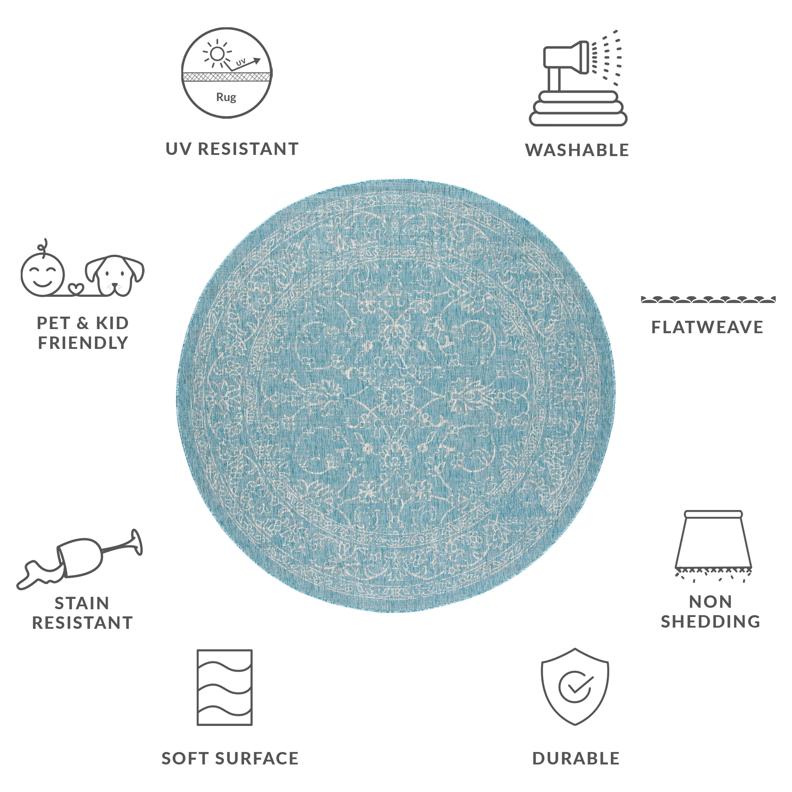 SAFAVIEH Courtyard Darin Traditional Indoor/Outdoor Area Rug, 6'7" x 6'7" Round, Aqua/Grey