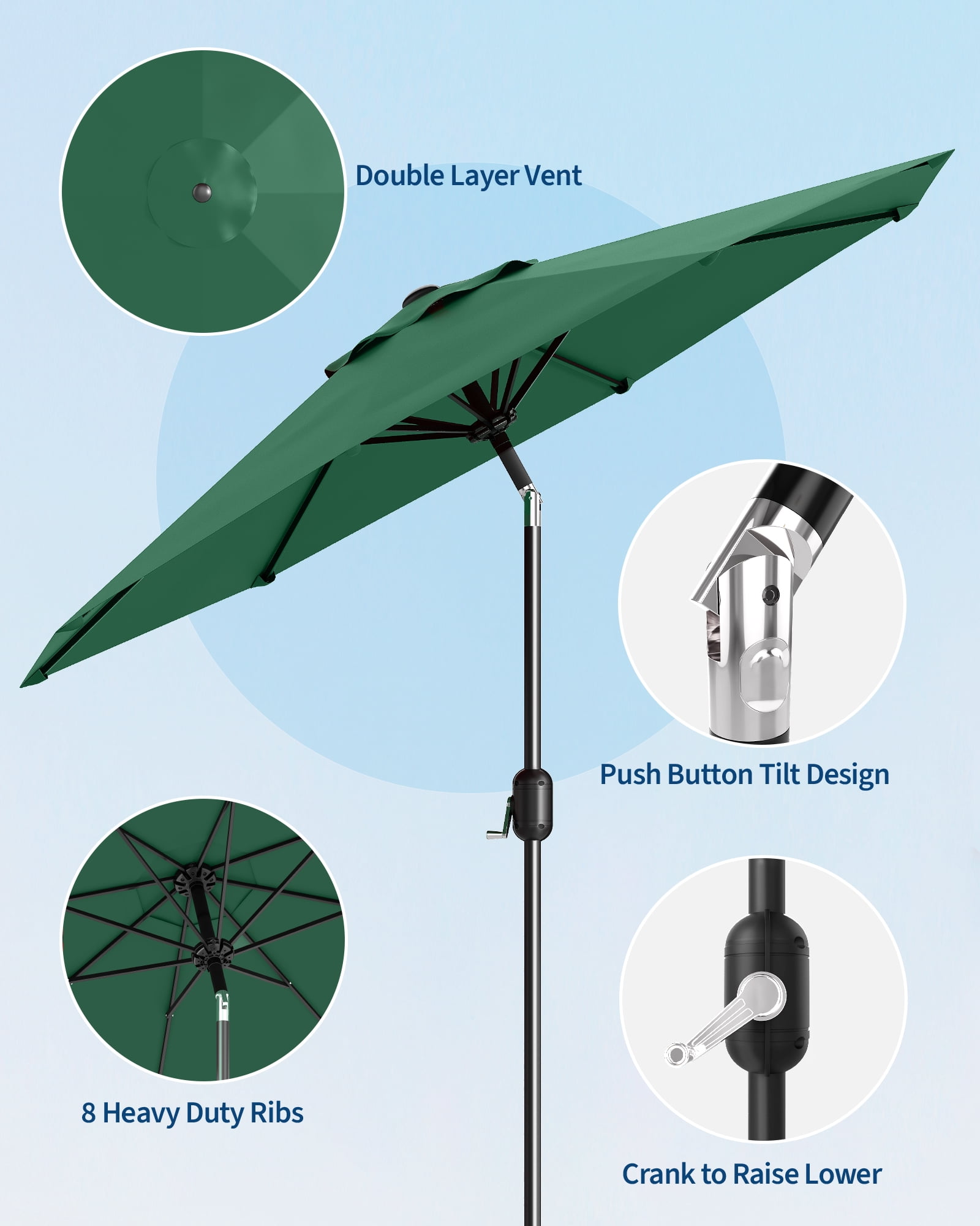9FT Outdoor Patio Umbrella with Push Button Tilt and Crank, Market Umbrella 8 Sturdy Ribs UV Protection Waterproof Heavy-Duty Pool Umbrella for Deck, Backyard,Garden