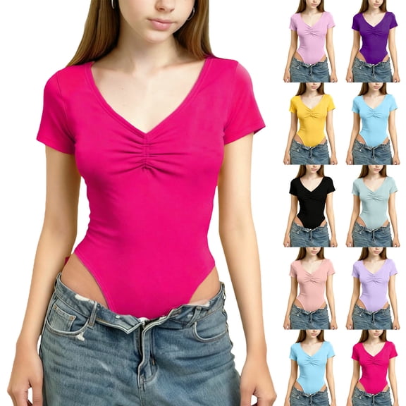 STETMN Short Sleeve Bodysuit Tops for Girls Pleated V Neck Tee Solid Dance Jumpsuit T-Shirts for 3-15 Y