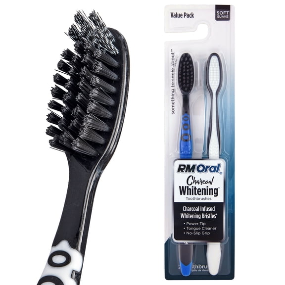 RM Oral Charcoal Whitening Soft Toothbrush, Charcoal Infused Spiral Bristles, 2 Count