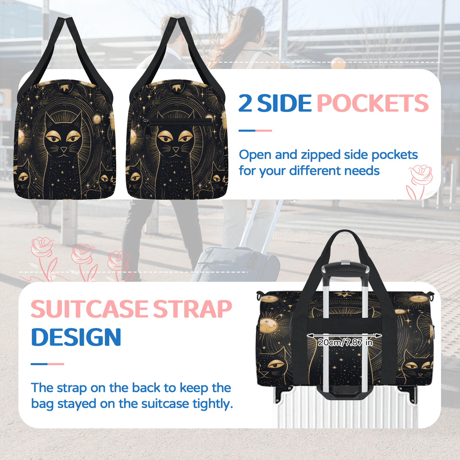 Herdesigns Black Cat Travel Duffle Bag Sports Yoga Weekender Overnight Carry on Workout Bags Lightweight Waterproof Gym Tote Bag for Women