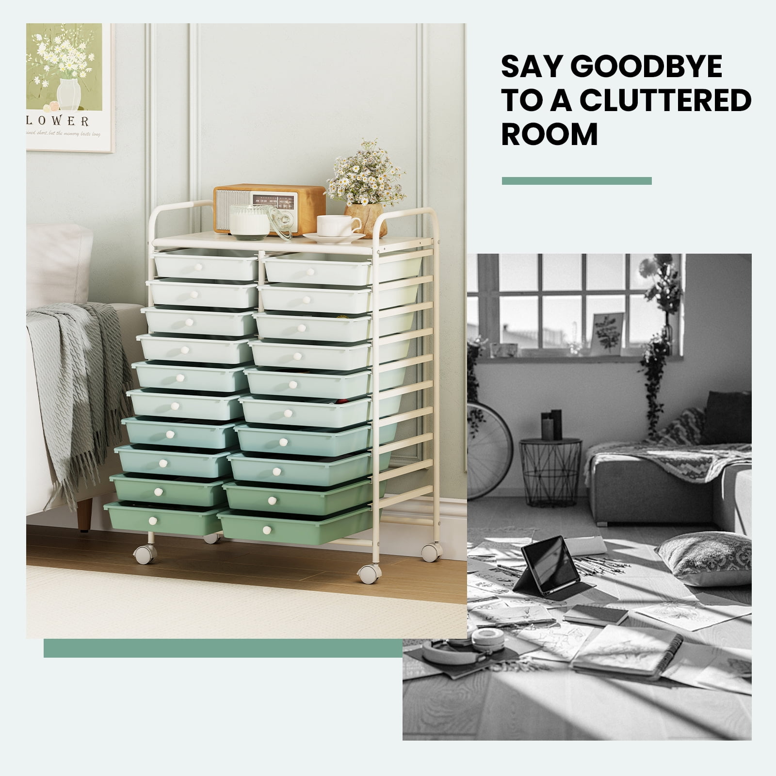 Costway 20-Drawer Rolling Art & Craft Storage Cart with Removable Drawers & Metal Frame,Lockable Wheels Gradient Green
