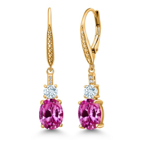 Gem Stone King 18K Yellow Gold Plated Silver Pink Created Sapphire and Sky Blue Aquamarine Dangle Earrings for Women with Lab Grown Diamond (2.53 Cttw, Oval 9X7MM)