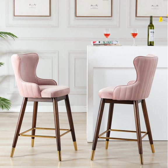 Roundhill Furniture Leland Fabric Upholstered Counter Height Wingback Stools, Set of 2, Pink