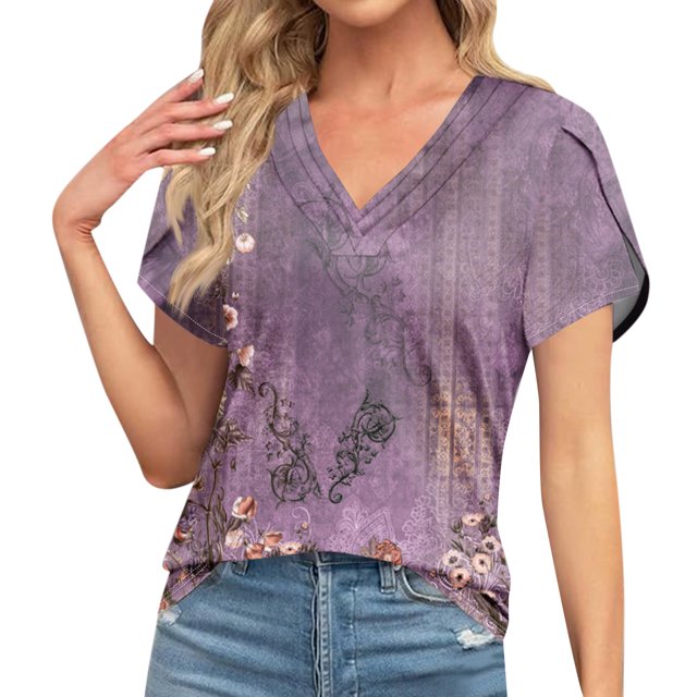 Women's Loose V-Neck Retro Print Short Sleeve Tops ,Light Purple-BN 2XL