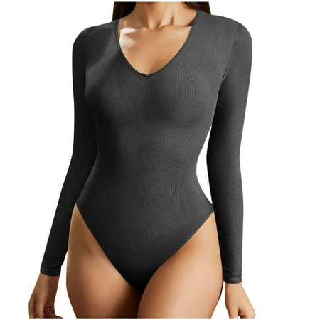Yuzhih Women s Bodysuit Seamless Long Sleeve V Neck Short Playsuits 2024 Fashion Slim Ribbed Yoga Gym Rompers