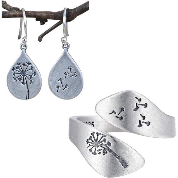 2 Pcs Jewelry Sets 925 Sterling Silver Dandelion Drop Earrings Ring Flower Jewelry Sets for Women Mom Daughter