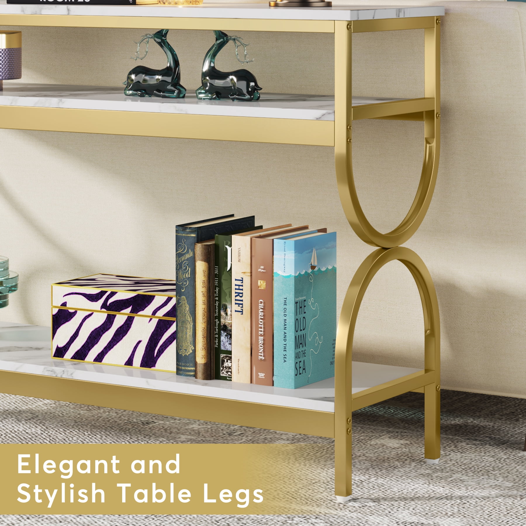 Tribesigns Modern 3 Tiers Console Table, 55 inch Faux Marble Sofa Entryway Tables with Storage Shelves for Living Room, Hallway and Foyer, White & Gold
