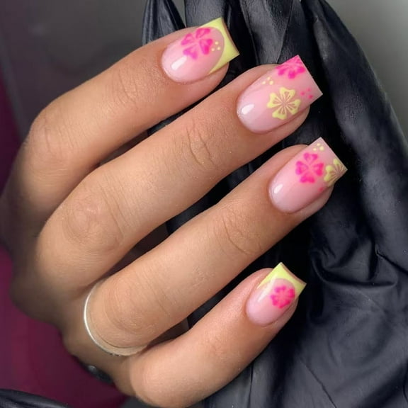 KUFptva Square Press On Nails Flower Fake Nails Glues On Nails Artificial Acrylic Nails 24pcs Stick On Nails for Womens Girls