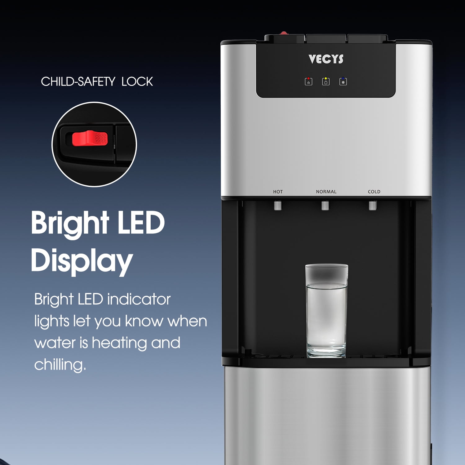 VECYS Self-cleaning Bottom Load 3 5 gal Water Dispenser with Pitcher, Child Safety Lock