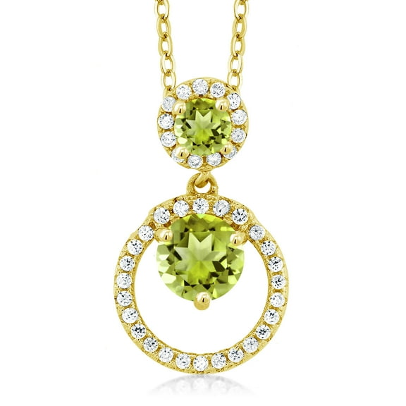 Gem Stone King 18K Yellow Gold Plated Silver Green Peridot Pendant Necklace for Women (1.90 Cttw, Gemstone August Birthstone, Round 6MM and 4MM)