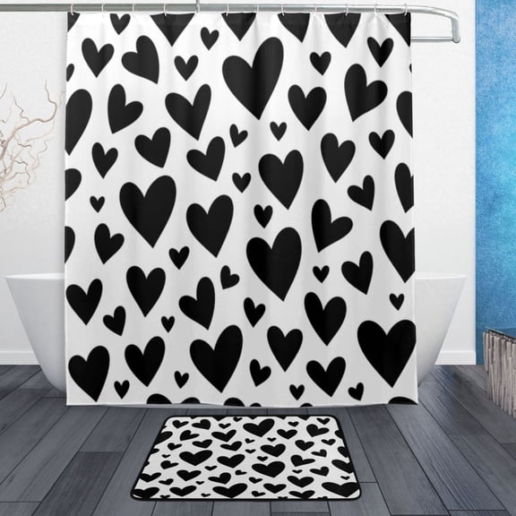 TTYFWHD 60" x 72" Shower Curtain and Bath Mat Set Repeat Black Heart Pattern Waterproof Bathroom Curtain with 12 Hooks, Bathroom Decor Set