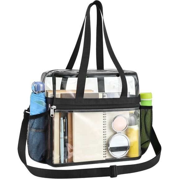 GreenHarbor Clear Tote Bag for Women, Removable Strap Transparent Clear Bag, Multi Use See Through Bag for Concerts, Sports, Work & Daily, Black