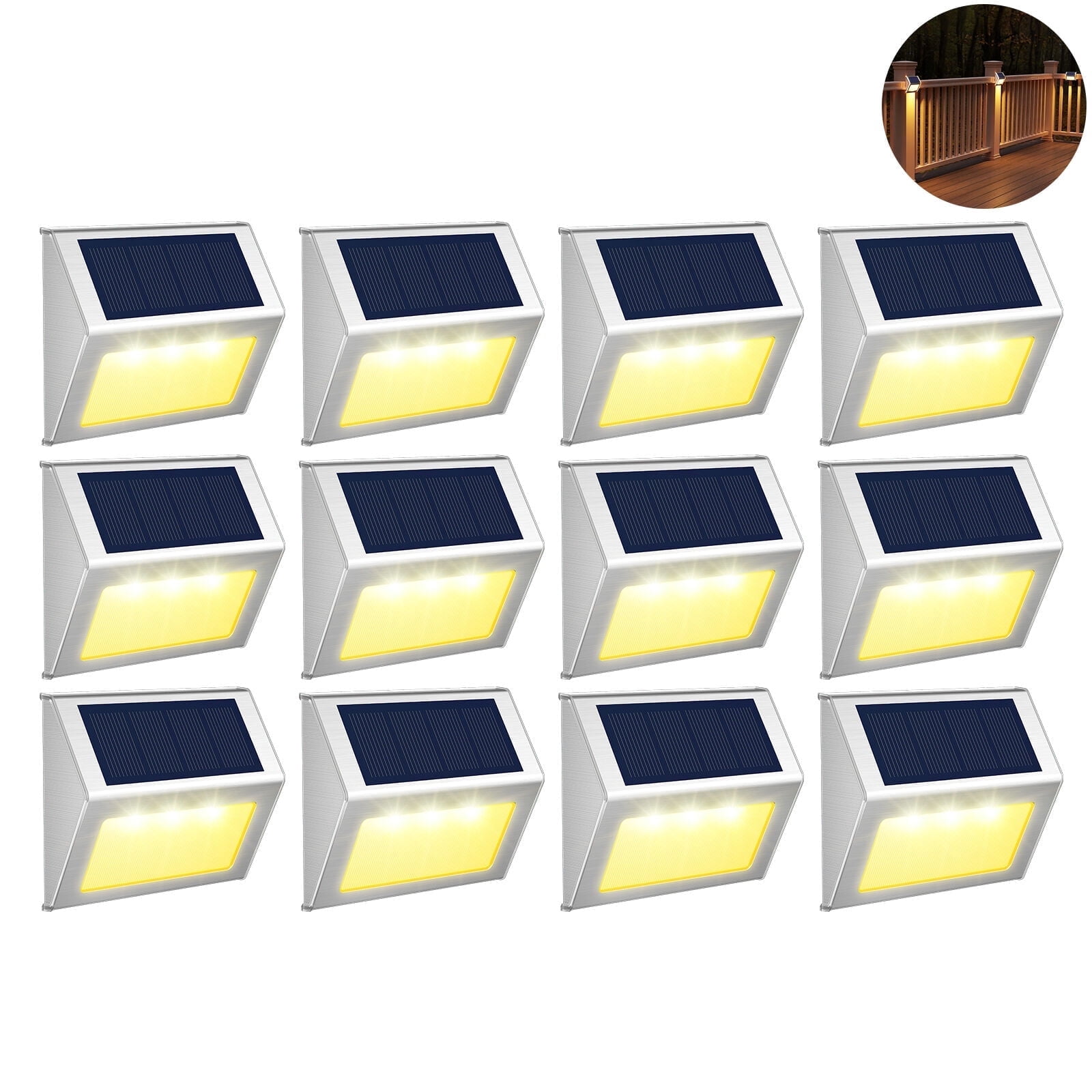 JSOT 12PCS Solar Deck Lights, Solar Stair Lights, Solar Powered Outdoor Lights for Wall Step Walkway Garden, Warm White Light