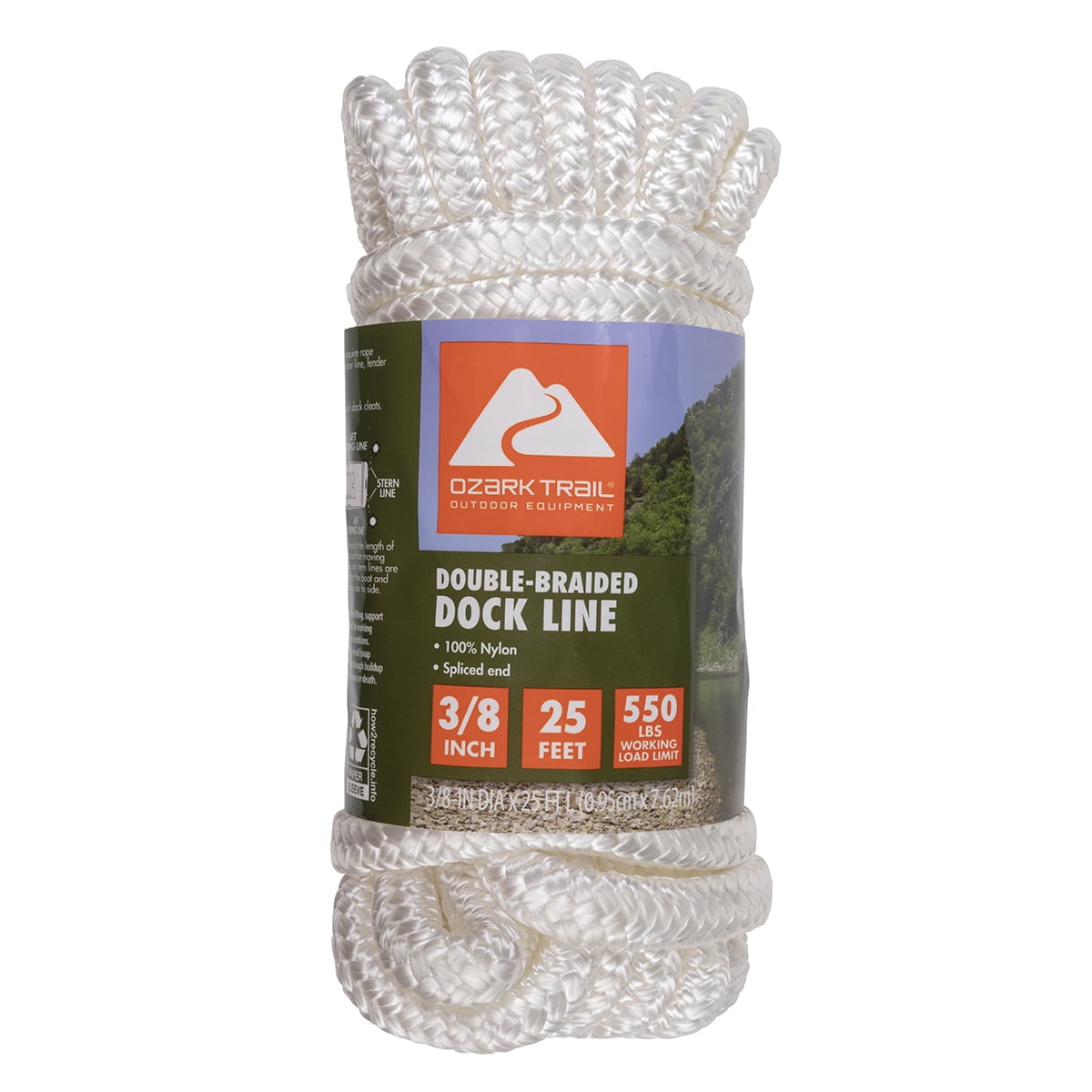 (2 pack) Ozark Trail Double-Braided Nylon Marine Dock Line 3/8 in x 25 ft, Spliced Eye, 550 lb Load