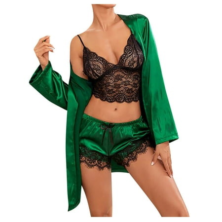 

solacol Women Plus Size Sexy Lingerie Silk Robe Satin Bathrobe Sleepwear Pajamas Suit