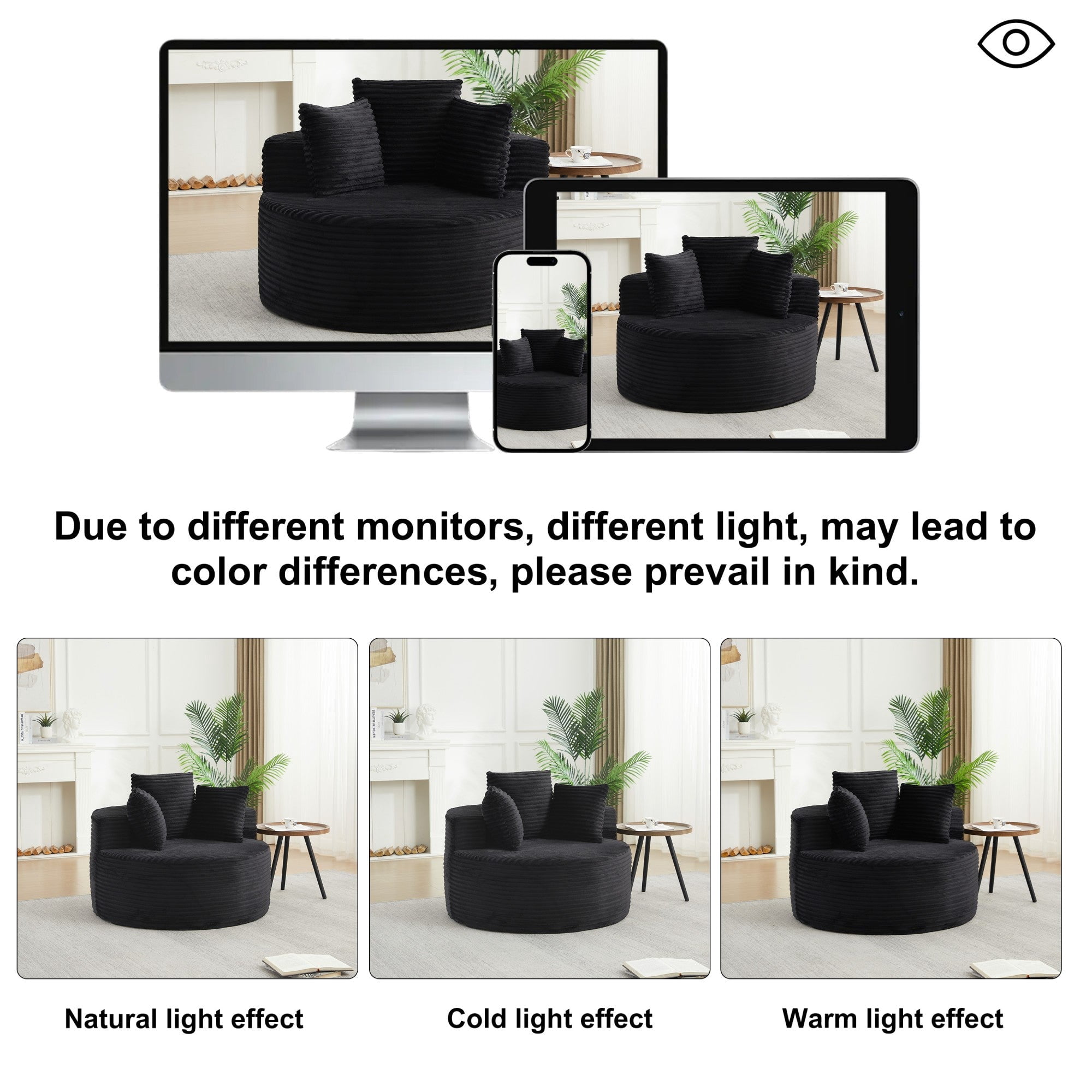 Sailvan 43" Round Corduroy Single Sofa Lounge Chair with 3 Pillows, Modern Minimalist Accent Chair for Bedroom, Living Room & Game Room Black