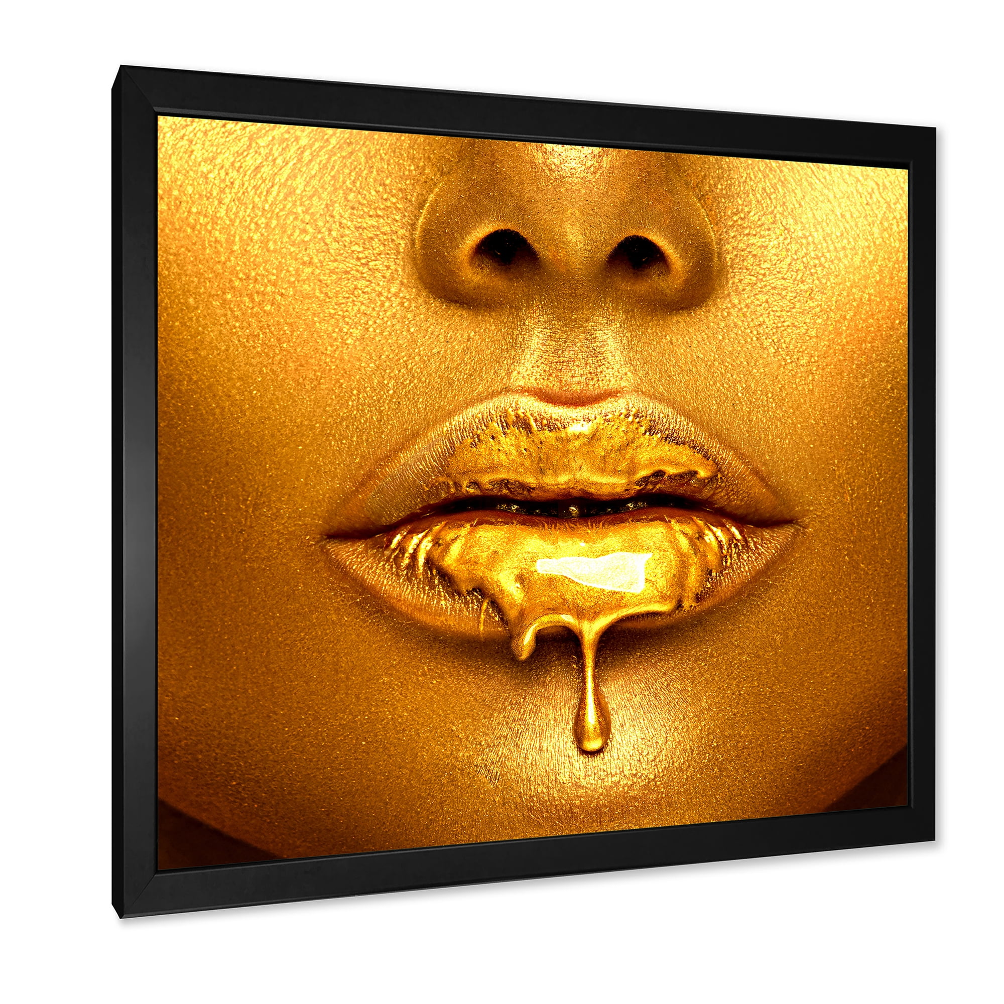 Designart 'Gold Paint Drips From Sexy Girl Lips' Modern Framed Art Print