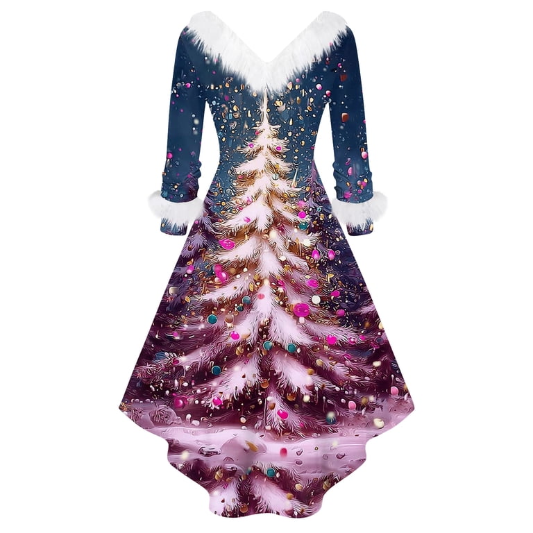 Christmas Dresses for Women Women's Fashion Elegant Autun And Winter Long Sleeve V-Neck Christmas Print Dress for Holiday Party,Purple,2XL
