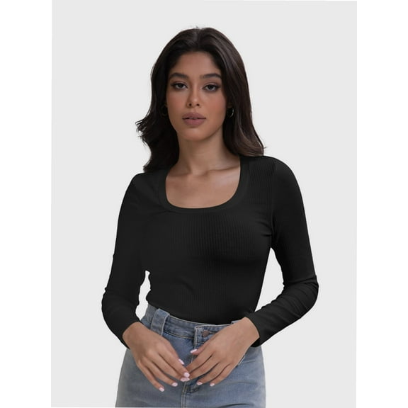 Womens Scoop Neck Long Sleeve Tops Low Cut Slim Fitted Shirts Casual Tee Tshirt