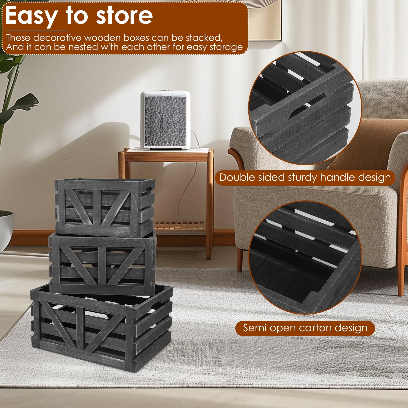 3 Pcs Wood Storage Crate Set Stackable Nesting Wooden Basket with Handles for Kitchen Fruit Vegetable Pantry Organization (black )