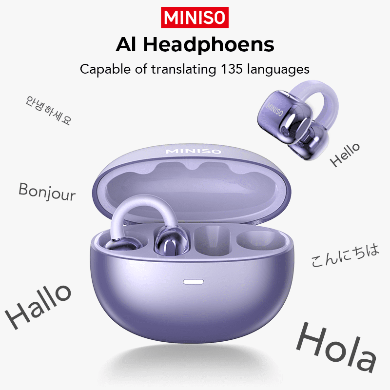 Miniso MS198 Clip-On Earbuds, Open-Ear Headphones, AI Translator 130+ Languages, Bluetooth 5.4, IPX5 Waterproof, Type-C Fast Charge, Purple