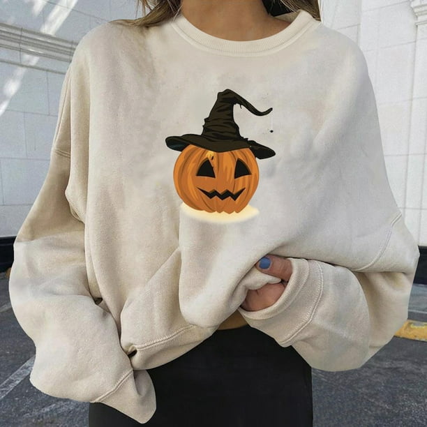 Halloween Sweatshirt Solid Pumpkin Skull T-Shirts Long Sleeve Top Pullover Oversized Sweaters Blusas de Mujer Elegantes -