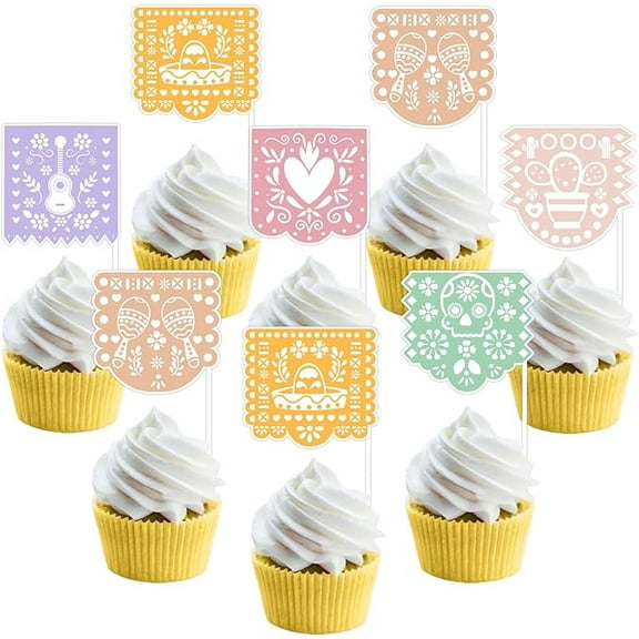 24pcs Mexican Fiesta Party Cake Topper, Mexican Fiesta Party Decorations Cupcake Toppers Double-Sided Printing Cake Table Decorations for Cinco De Mayo Table Party