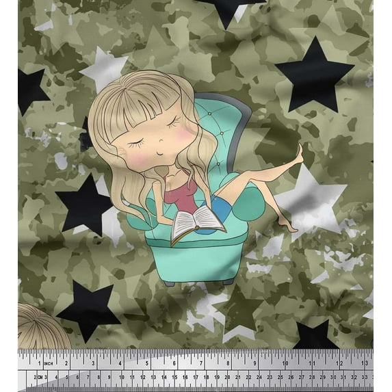 Soimoi Polyester Crepe Fabric Star,Cloud & Sleepy Girl Print Fabric by Yard 42 Inch Wide