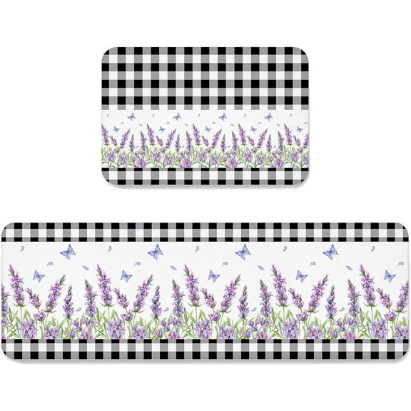 2 Pcs Lavender Plaid Kitchen Rug Set, Non-Slip Kitchen Mats and Rugs Comfort Floor Door Mat Doormat, Black White Buffalo Check Butter-Fly Throw Bath Runner Rug Mat Small