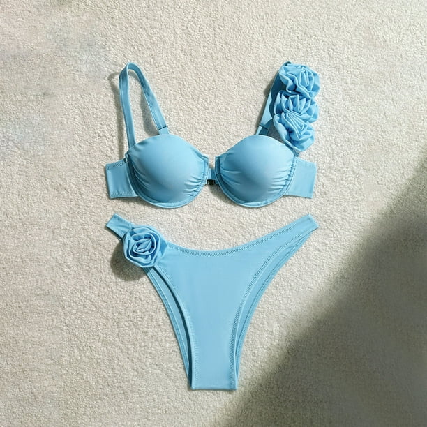 Traje de baño para mujer, bikini de acero de color sólido para mujer, conjunto de traje de baño de playa para vacaciones con flores, trajes de baño para mujer