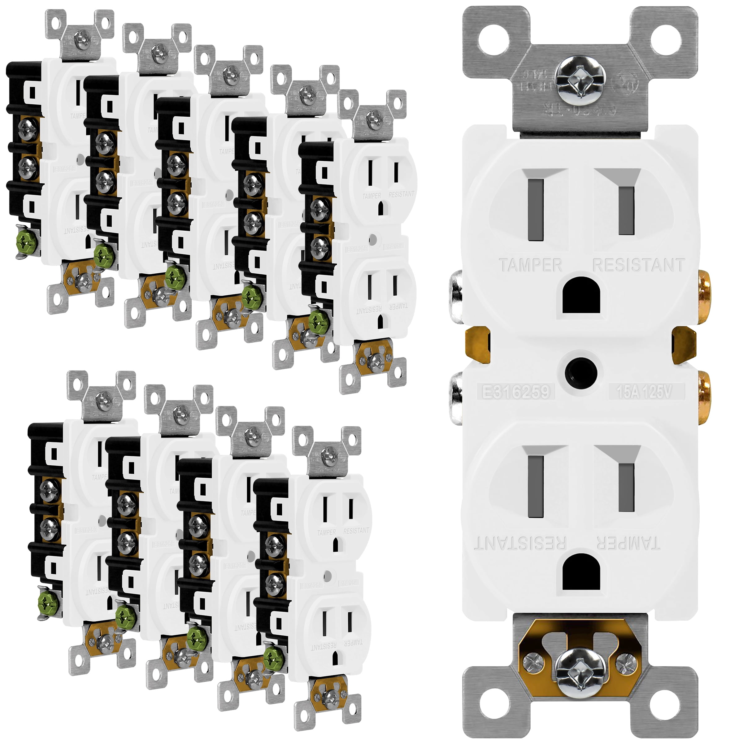 ENERLITES Duplex Receptacle Outlet, Residential Grade, 15A 125V, Self-Grounding, 3-Wire, 2-Pole, UL Listed, White (10 Pack)