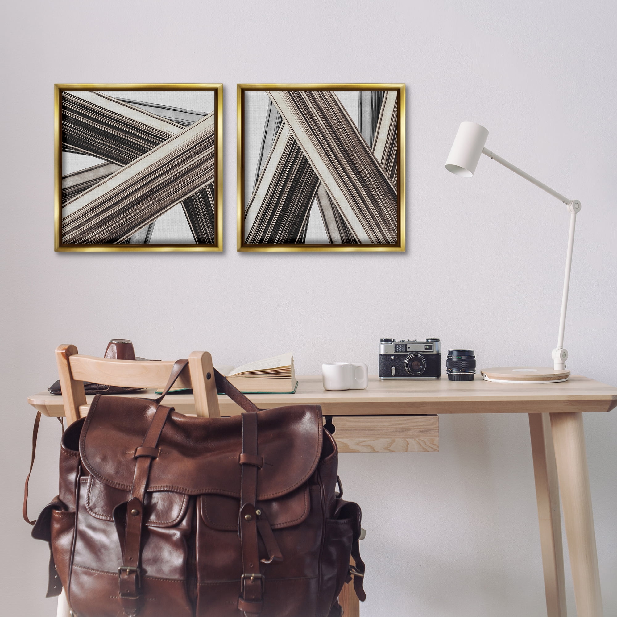 Stupell Industries Industrial Linear Crisscross Abstract Painting Gold Floater Framed Canvas Art Print Wall Art, 18 x 18, Set of 2