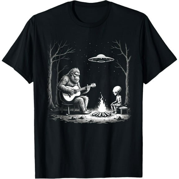 Bigfoot Guitar Tee Campfire Alien Ufo Camping Sasquatch T-Shirt Shirts
