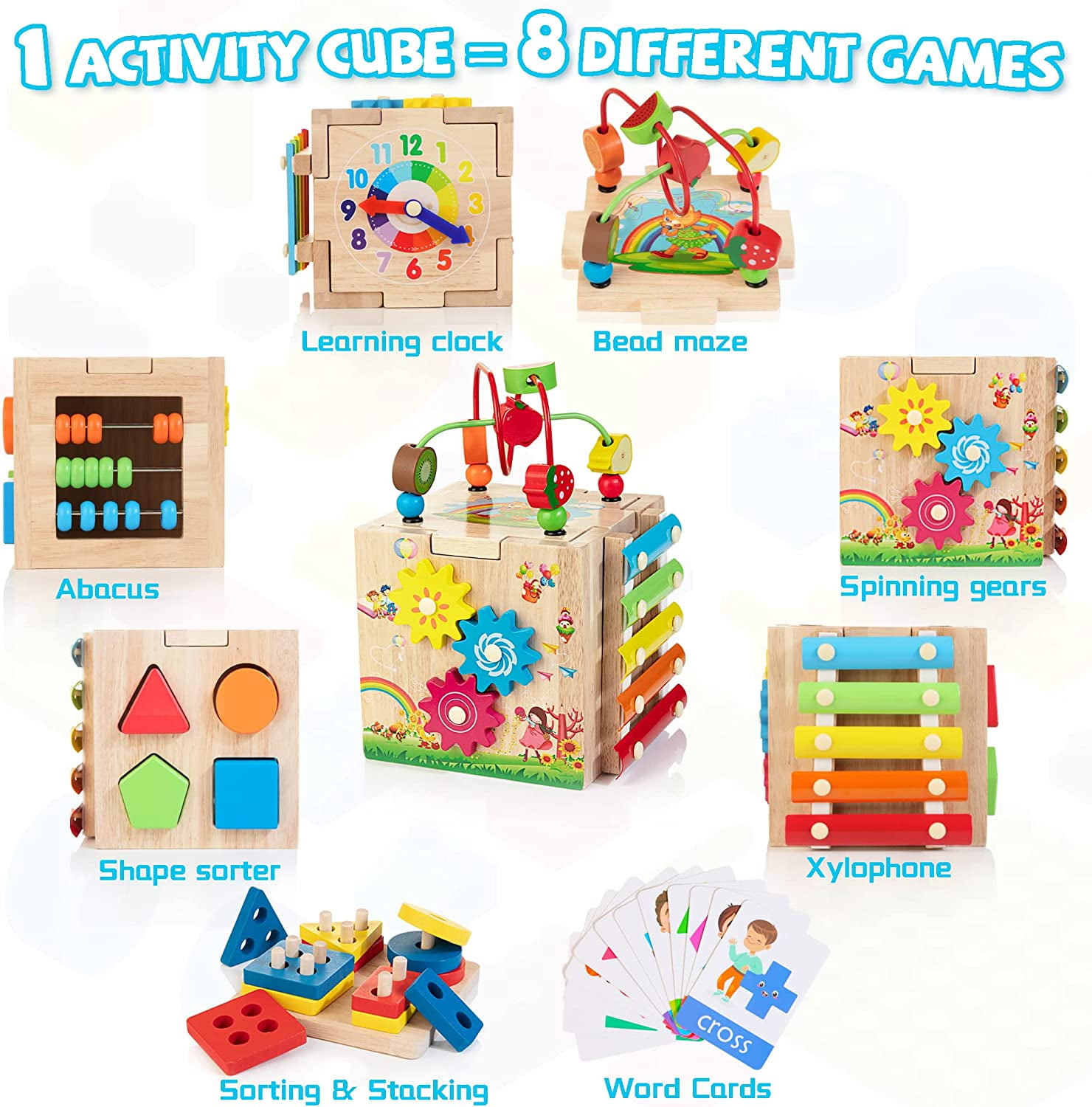Terra Wooden Activity Cube  8-in-1 Montessori Toys for 12M+ Toddlers, One  Year Old First Birthday Gift, Baby Toy Set with Bonus Sorting & Stacking  Board 