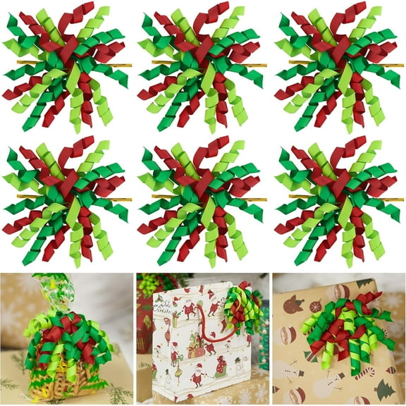 Christmas Bows - 4" Red & Green Curly Self-Adhesive Bows for Wrapping, Gift Bags & Baskets - 6 PCs Xmas, Red & Green 4 Inch