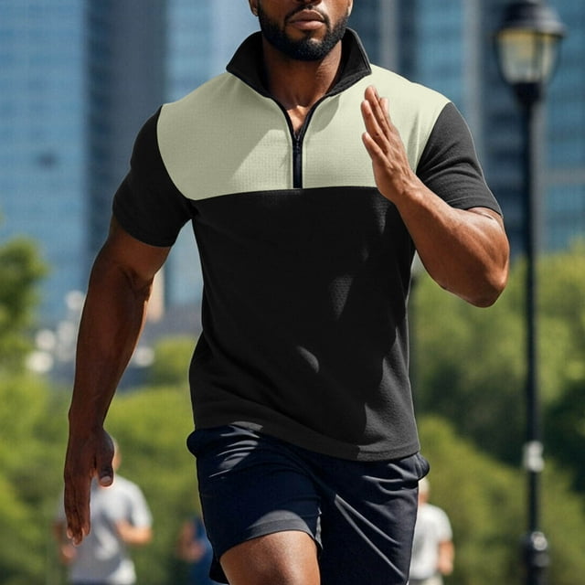 Ceisia Men's Slim Fit Short Sleeve Half-Zip Color-Blocked Top Waffle-Knit Texture Spring Summer Shirt Gift