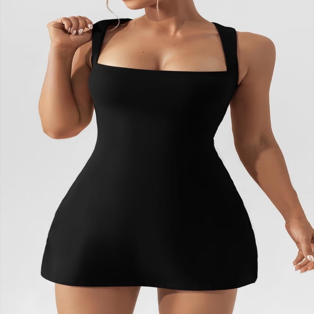 LYMAYTER Robe à Encolure Carrée pour Femme, Robe d'Été à Dos Nu Extensible, Mini-Robe, Robe de Fête/Boîte de Nuit, Tailles P-TG