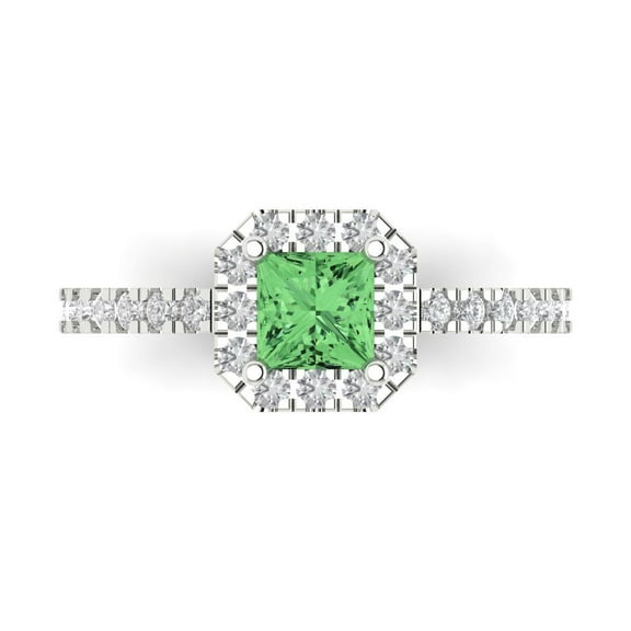0.89 ctw with Simulated Diamond Halo Accents Anniversary Ring for Women | Princess Cut Simulated Green Diamond | Hyperallergenic Solid 14K White Gold
