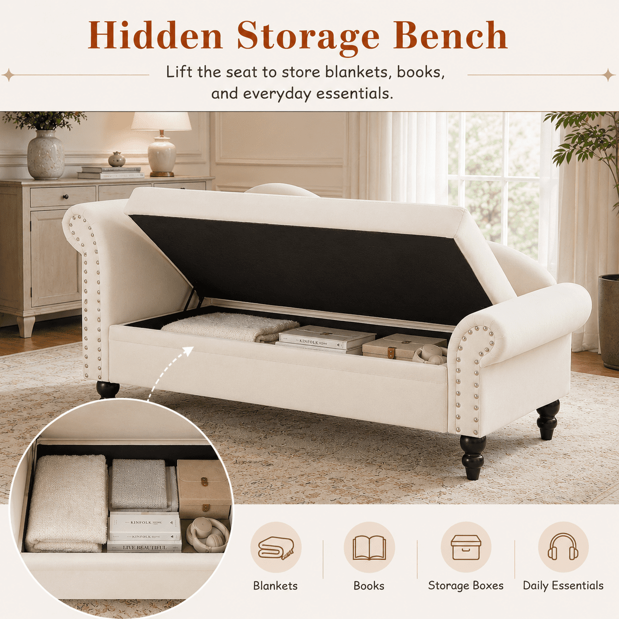 Aukfa 64.5" Modern Velvet Chaise Lounge with Storage, Left Armrest Lounge Sofa with Silver Nailhead Trim & Lumbar Pillow,Beige