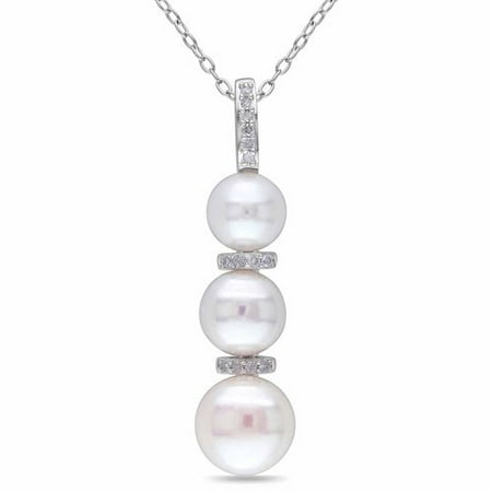Miabella Multi-Size White Button Cultured Freshwater Pearl and Diamond-Accent Sterling Silver Journey Pendant, 18