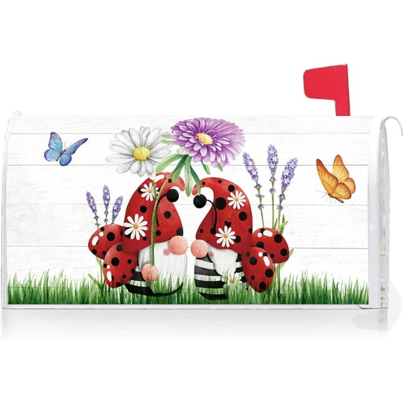 Ladybug Gnomes Floral Butterfly Decoration Mailbox Cover with Magnetic Strip Spring Summer Mailbox Wraps Post Letter Box Cover Standard Size 21" X 18" for Garden Outdoor Yard Decor