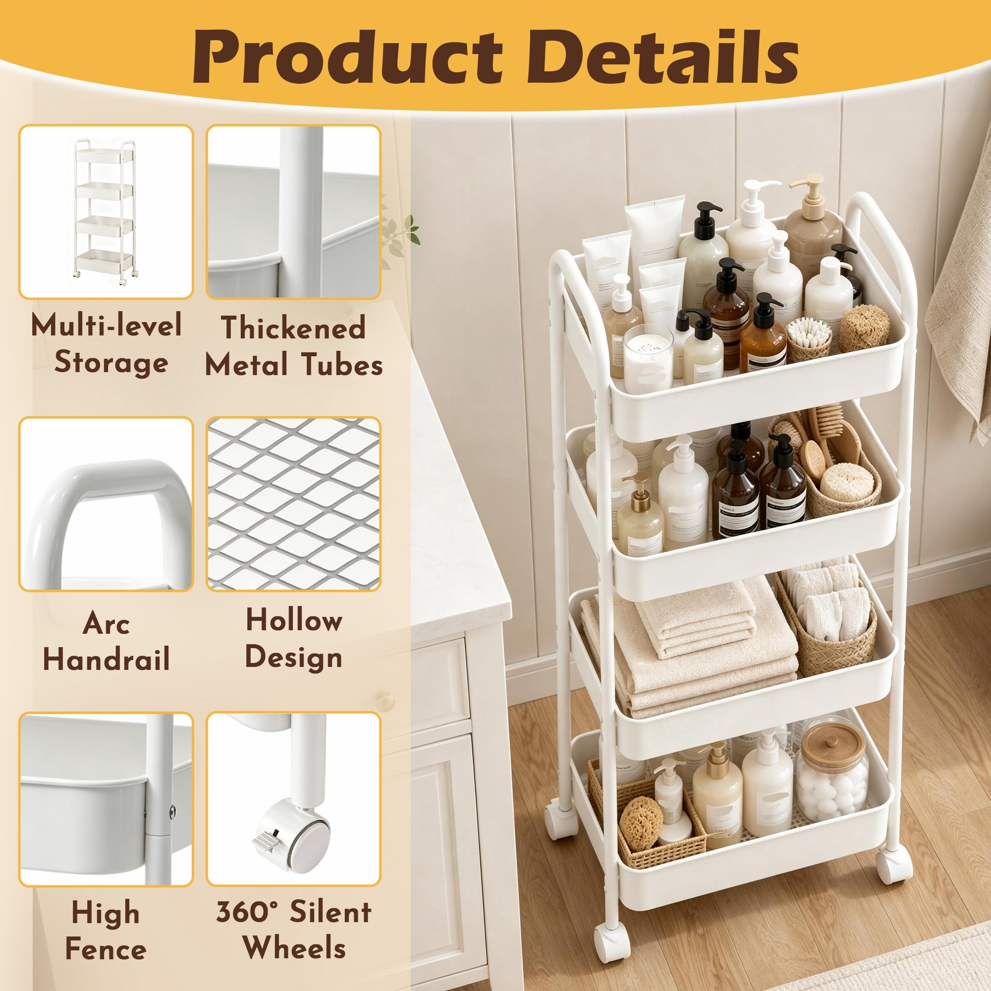 4‑Tier Rolling Metal Storage Cart, Metal Rolling Utility Cart, Mobile Utility Organizer Shelf with Lockable Wheels, Multifunctional Rolling Trolley for Kitchen, Bathroom, Living‑Room and Bedroom
