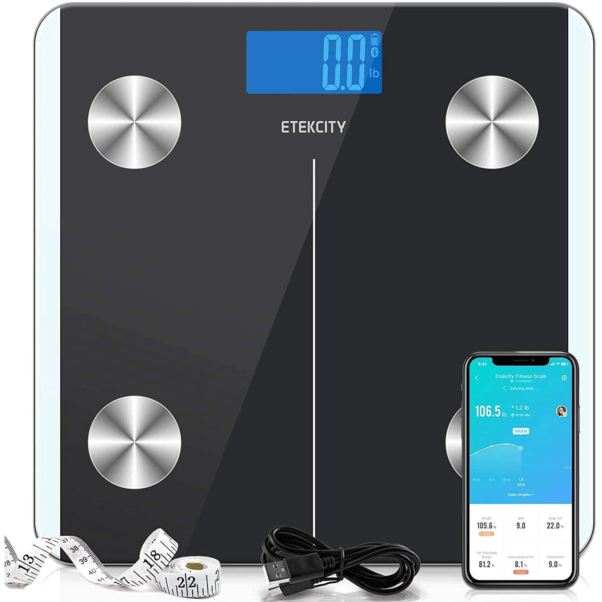 Etekcity Smart Digital Body Weight Scale, 12 Key Body Measurements, 400lb Capacity, Black