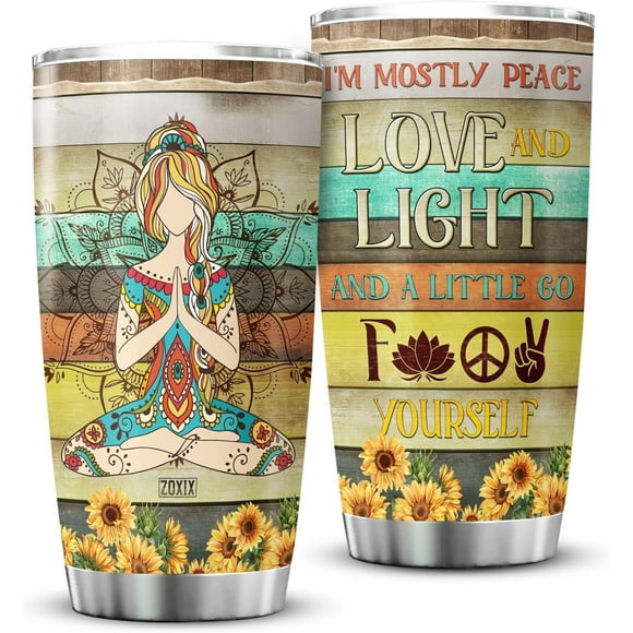 Gobelet de Yoga avec Couvercle Je Suis avant Tout Paix Amour et Lumière Tasse de Voyage en Acier Inoxydable Isolée Grand 20oz Motif Mandala Tournesol Vintage Cadeaux pour Femmes