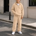thumbnail image 5 of 2 Piece Waffle Sets for Boy Long Sleeve Quarter Zip Hooded Pullover Loose Sweatpants Boys Fall Winter Lounge Outfits, 5 of 10