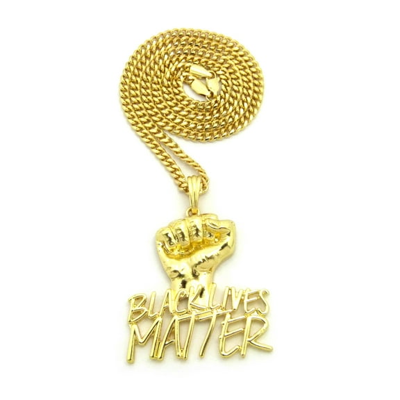 Polished Raised Fist Black Lives Matter Micro Pendant with Gold-Tone Chain Necklace - 3mm 24" Cuban Chain