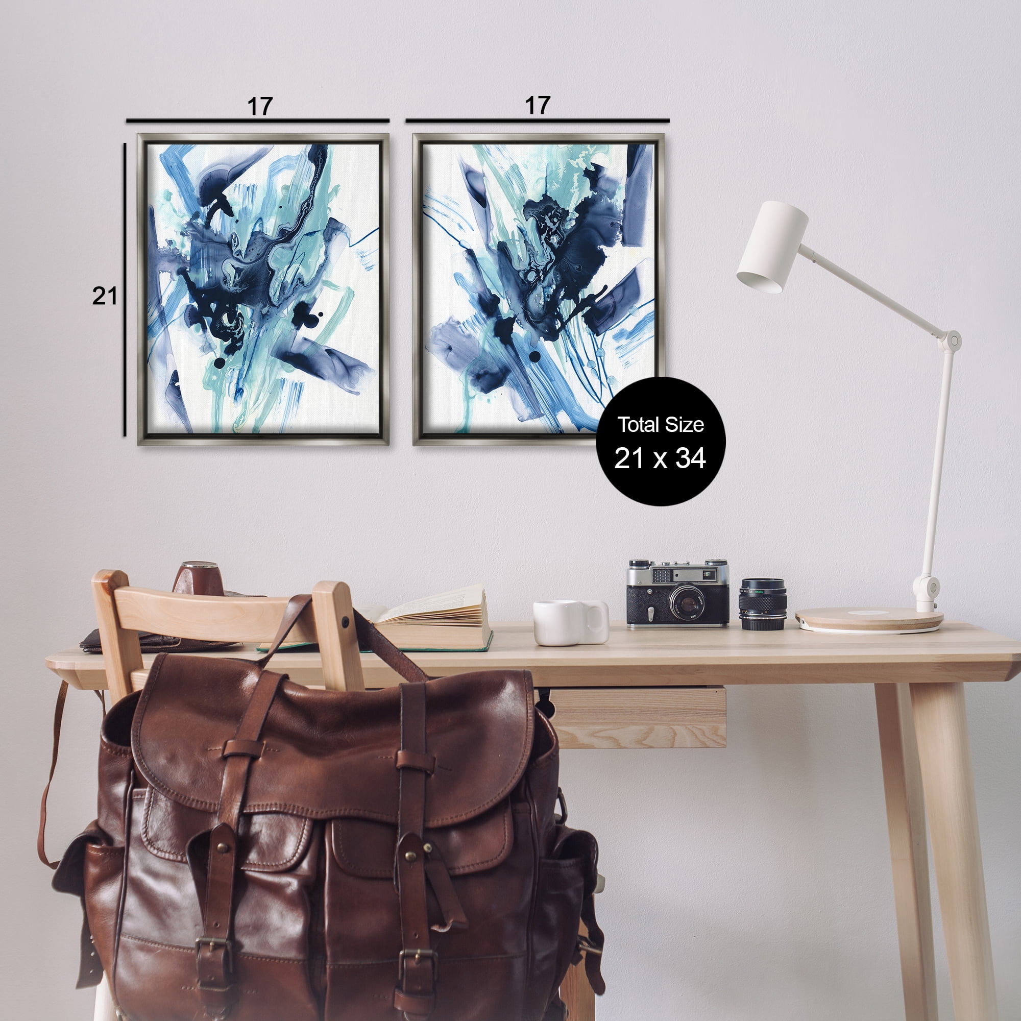 Stupell Industries Abstract Blue Splash Abstract Painting Gray Floater Framed Canvas Art Print Wall Art, 17 x 21, Set of 2