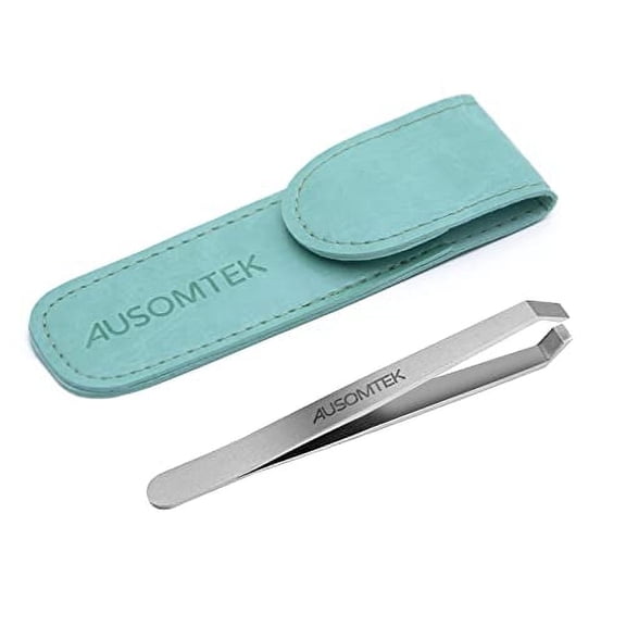 AUSOMTEK 5mm Flat Tip Precision Hair Plucking and Eyebrow Shaping Tweezers, Stainless Steel, Cyan